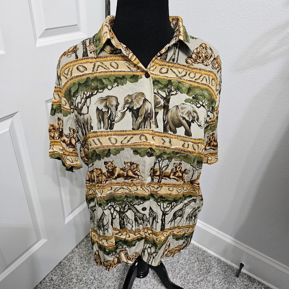 Alfred Dunner Vintage Safari Animal Print Tiger Zebra Elephant Button Up Size 14
